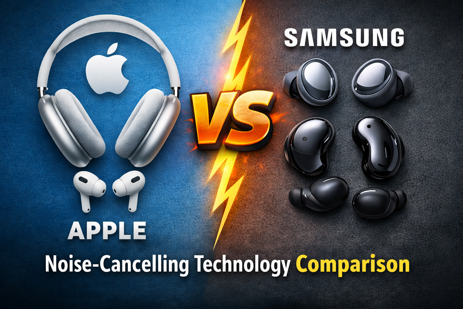 A visual comparison of noise-cancelling technologies between Apple and Samsung, highlighting the differences between AirPods Pro, AirPods Max, Galaxy Buds Pro, and Galaxy Buds Live.