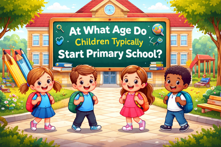 Colorful digital illustration showing four children with backpacks, smiling in front of a school building. A chalkboard in the background reads, "At What Age Do Children Typically Start Primary School?"
