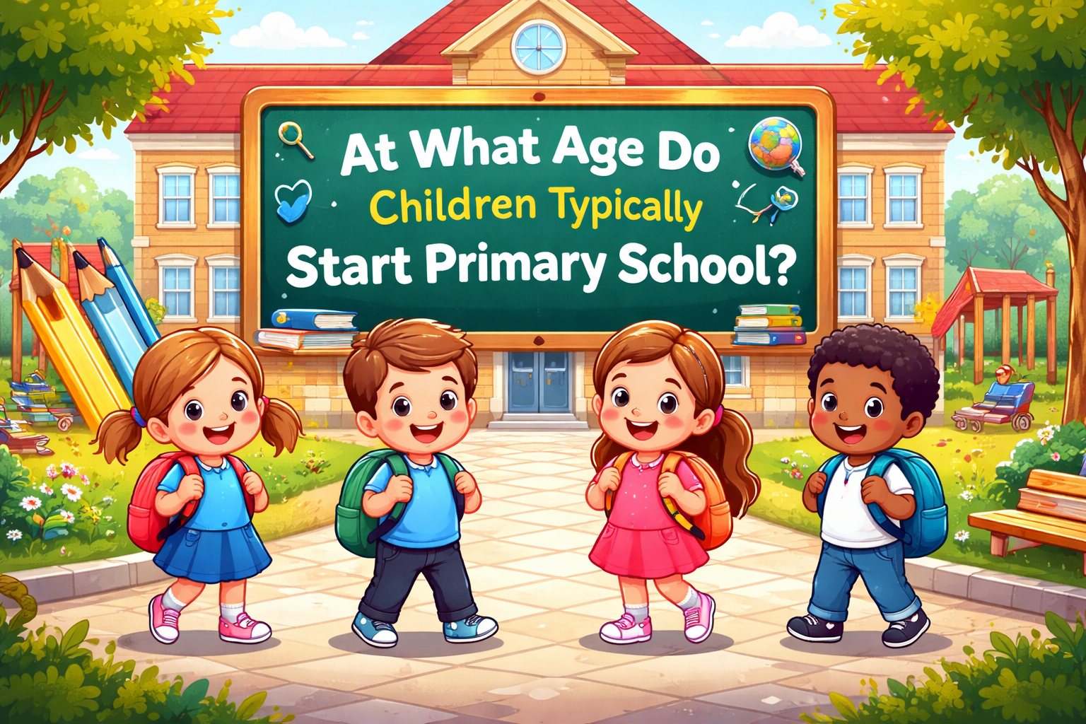 Colorful digital illustration showing four children with backpacks, smiling in front of a school building. A chalkboard in the background reads, "At What Age Do Children Typically Start Primary School?"