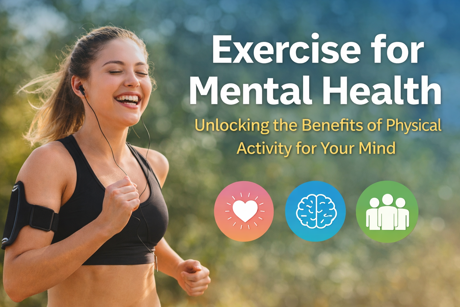 A young woman jogging outdoors, smiling while listening to music, showcasing the benefits of exercise for mental health.