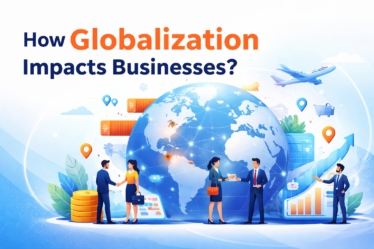 Digital infographic illustrating the effects of globalization on businesses, featuring a globe, business professionals, and icons representing global trade, technology, and growth