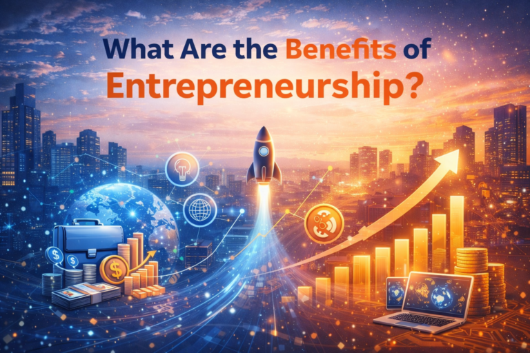 Digital infographic showing the benefits of entrepreneurship, with symbols representing success, growth, and innovation.