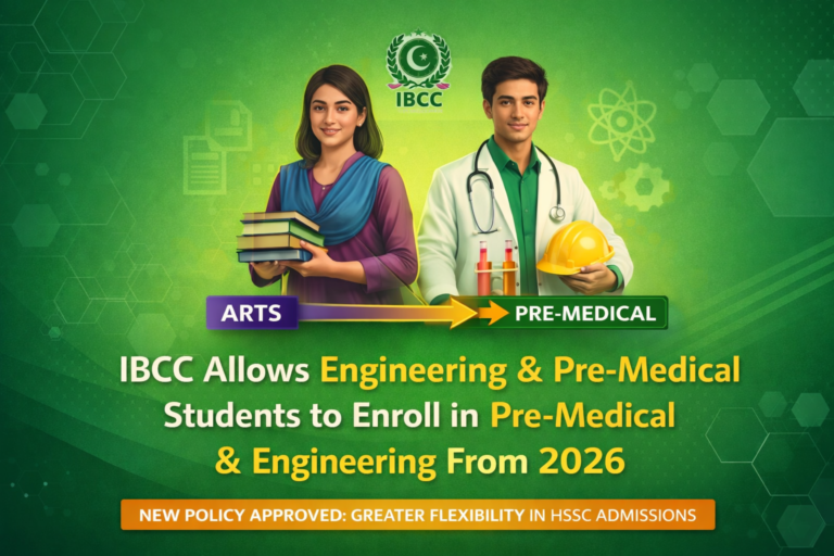 Arts group students transitioning to pre-medical and engineering streams under IBCC policy 2026 in Pakistan.