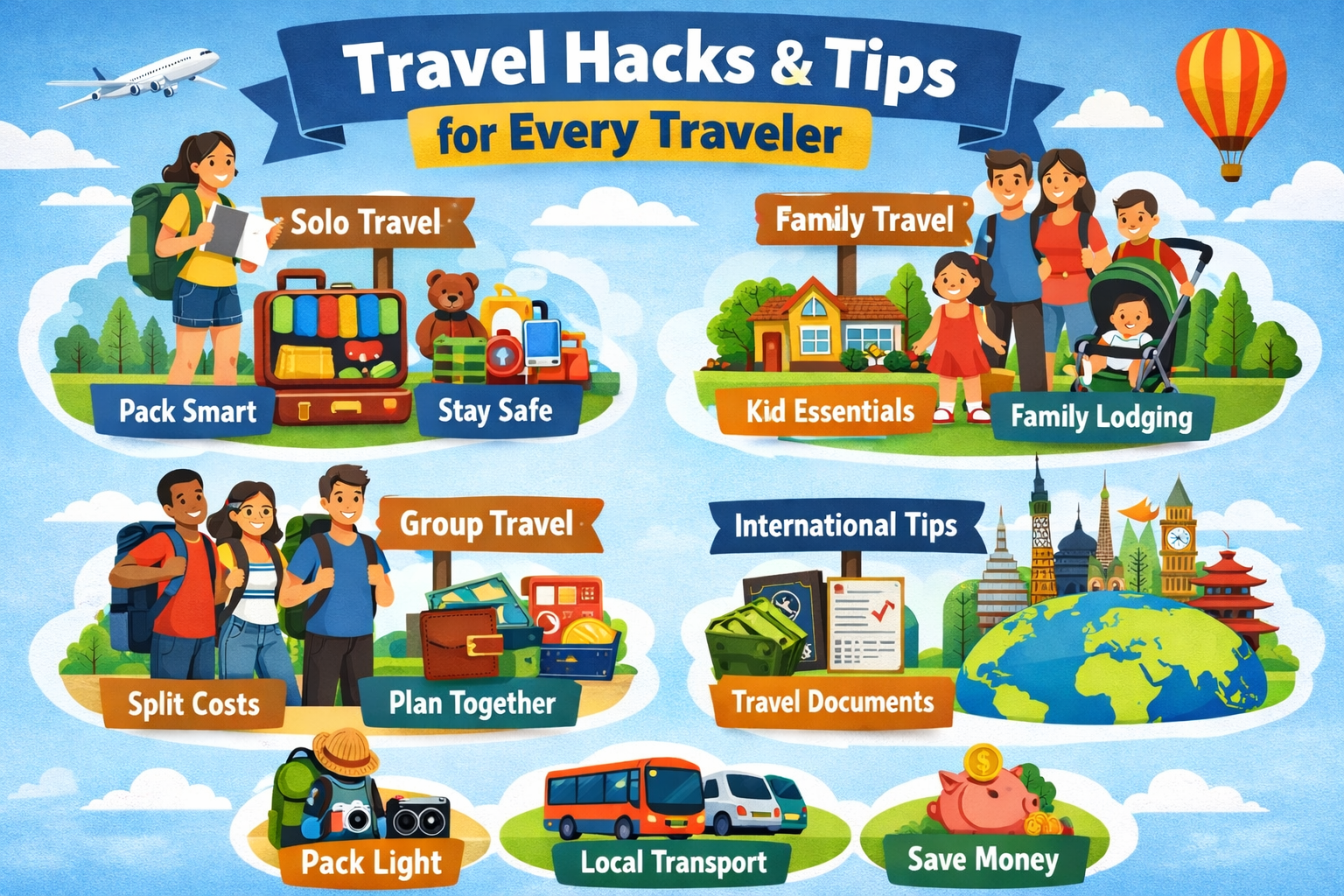 A collection of essential travel hacks for solo, family, group, and international travelers, featuring packing tips, transportation advice, and budgeting tricks