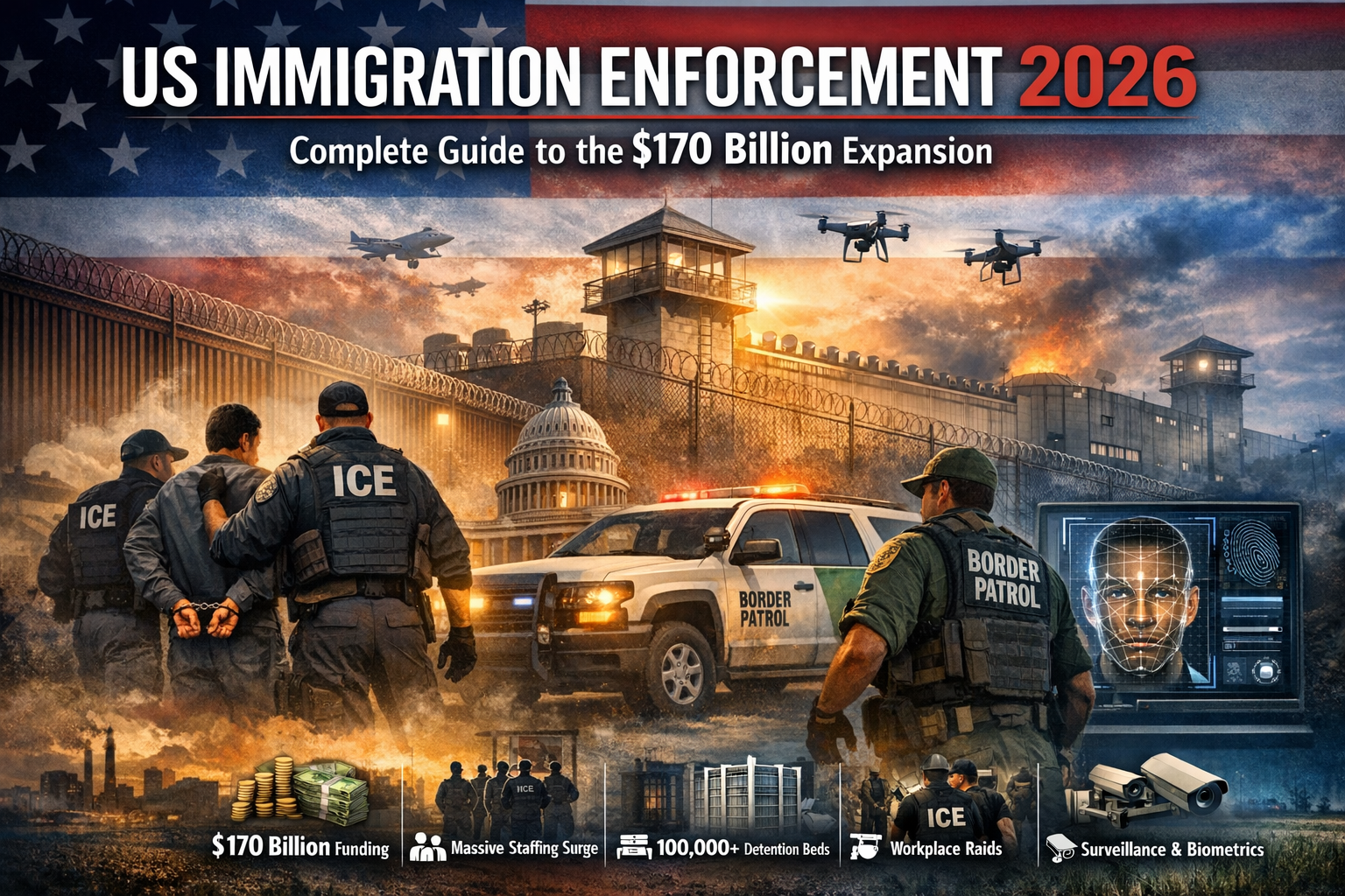 US immigration enforcement officers during workplace operation with American flag background