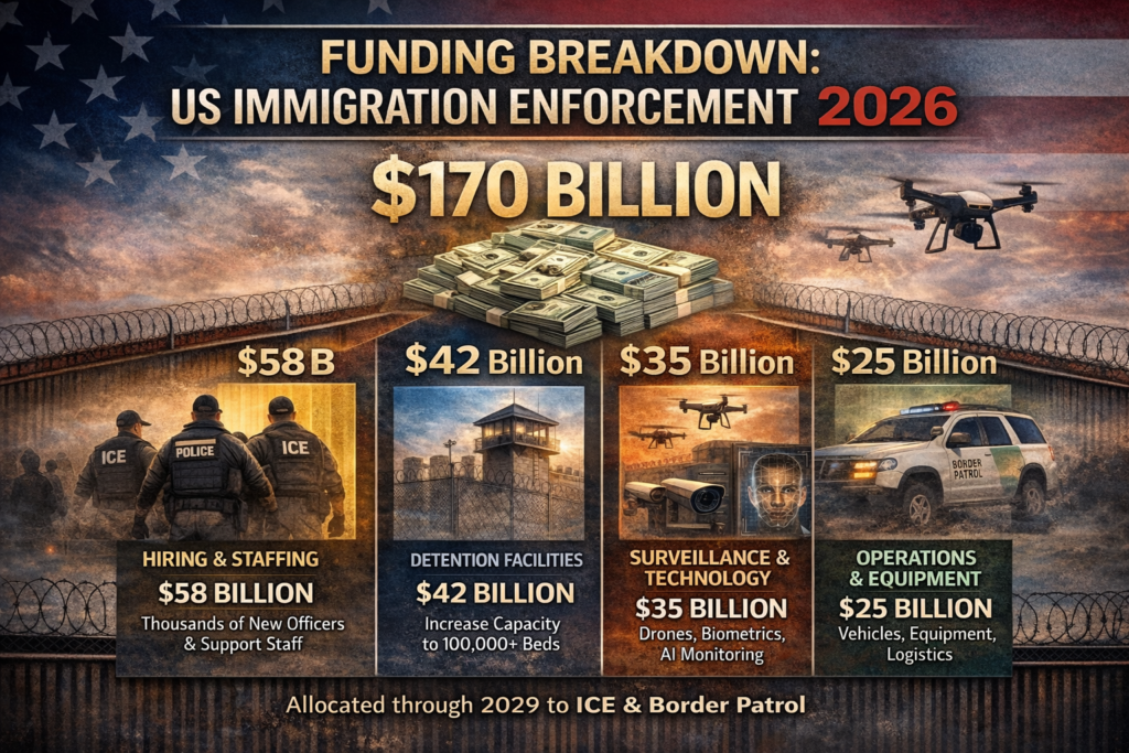 Infographic showing $170 billion immigration enforcement budget allocation for ICE, Border Patrol, and detention facilities
