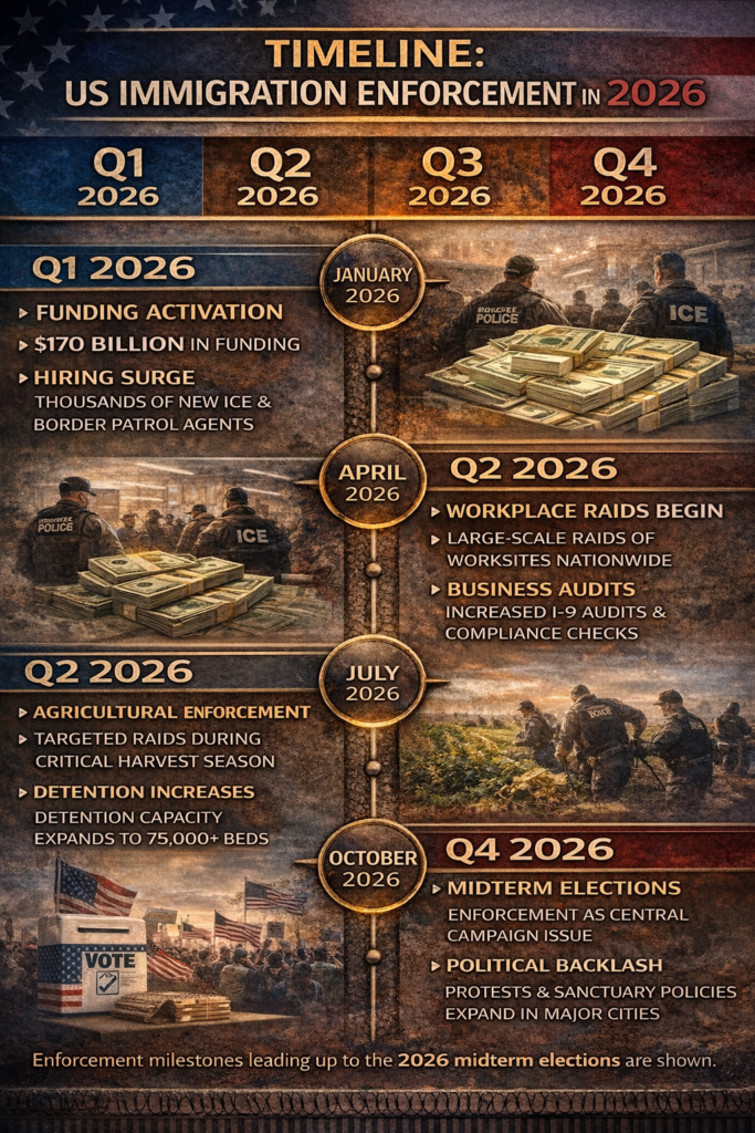 Infographic showing projected price increases - food 8-12%, housing $15k-30k, restaurant meals 10-18%, due to immigration enforcement