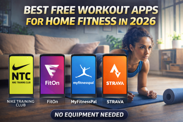 Best free workout apps for home fitness in 2026 shown on smartphones during a home workout