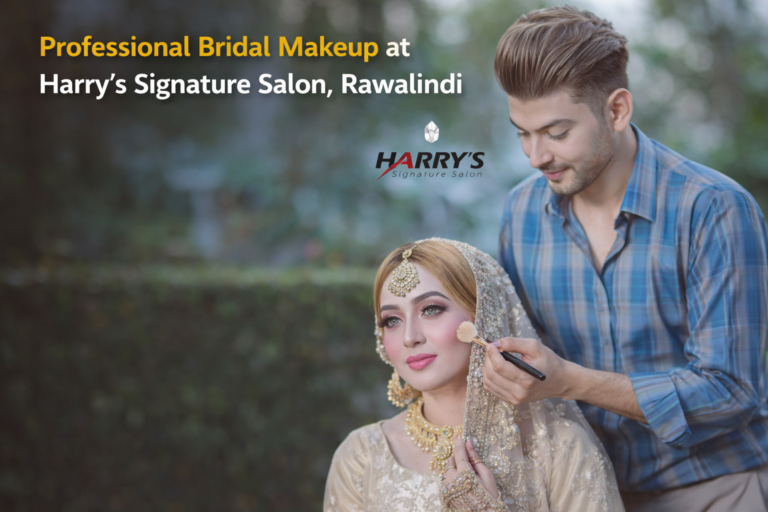 This image showcases a skilled makeup artist applying bridal makeup at Harry’s Signature Salon, Rawalpindi. The salon is known for professional bridal styling, premium beauty services, and expert grooming using modern techniques and high-quality products.