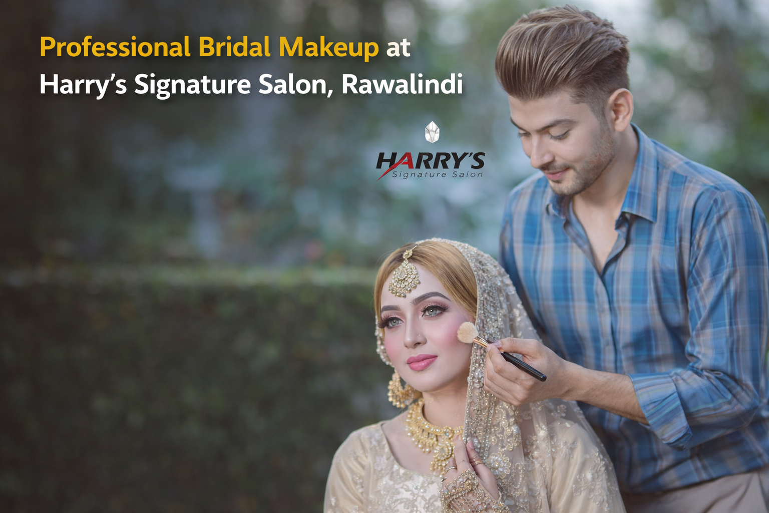 This image showcases a skilled makeup artist applying bridal makeup at Harry’s Signature Salon, Rawalpindi. The salon is known for professional bridal styling, premium beauty services, and expert grooming using modern techniques and high-quality products.