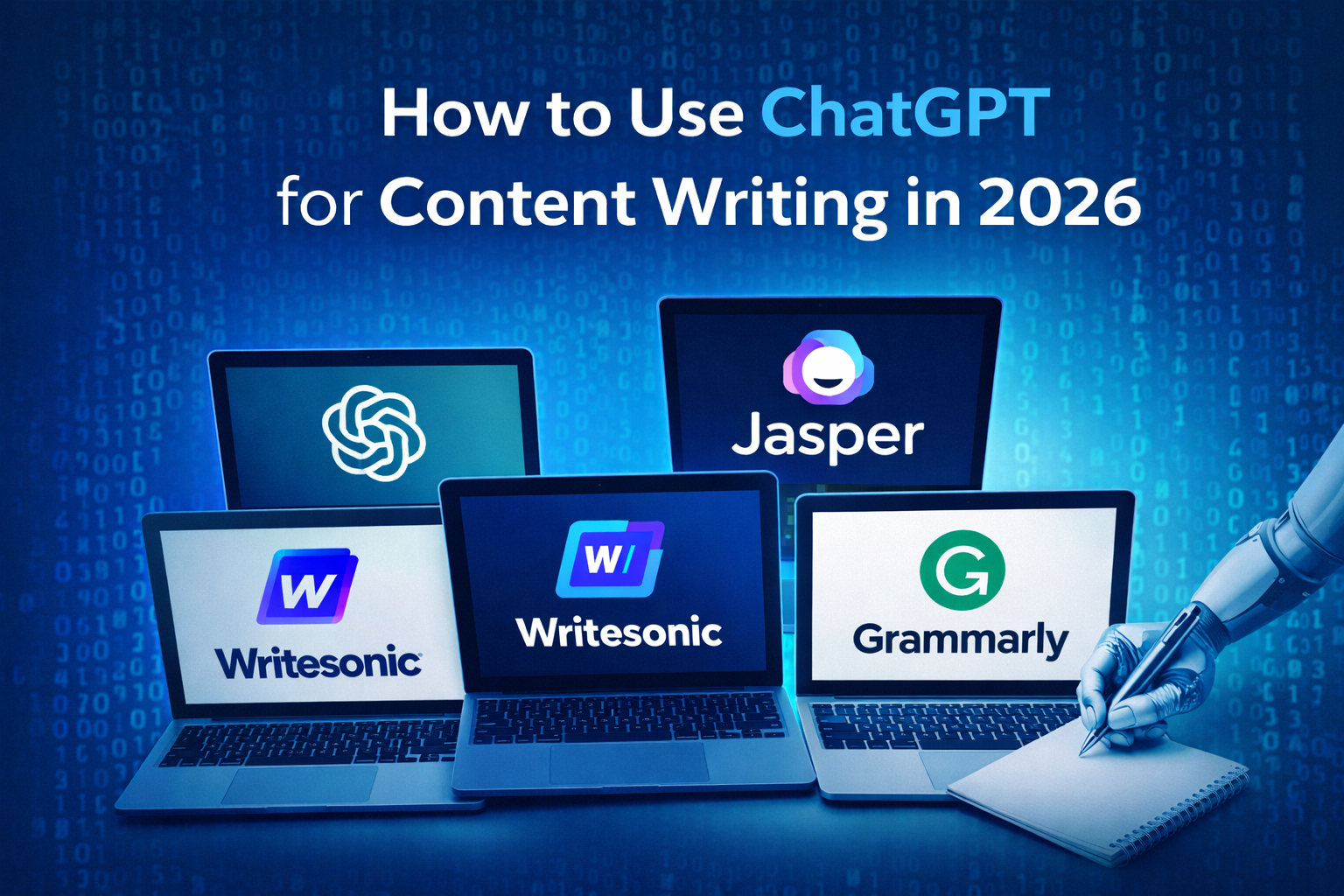 AI writing tools comparison showing ChatGPT, Jasper, Writesonic, Copy.ai, and Grammarly for content creation in 2026
