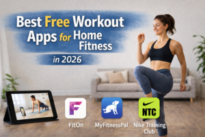 Beginner practicing yoga at home using yoga app