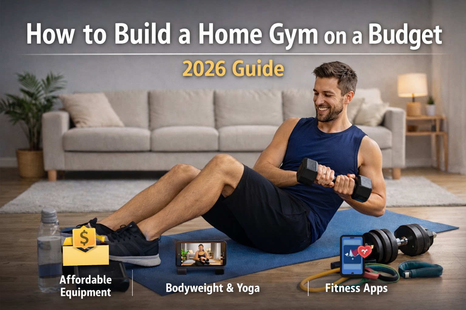 home gym on a budget 2026 beginner man exercising yoga and strength